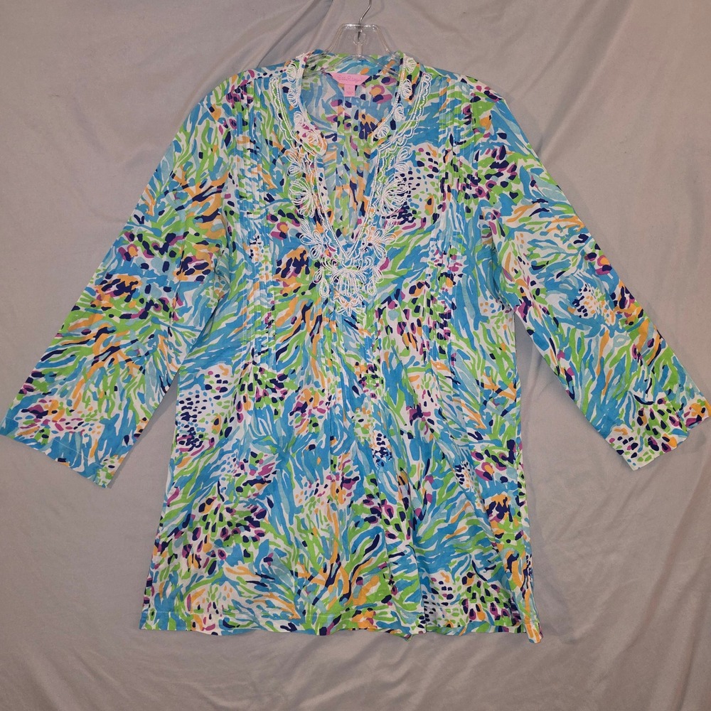 Lilly Pulitzer Sarasota Tunic vibrant Sea Soiree print white beaded V-neckline